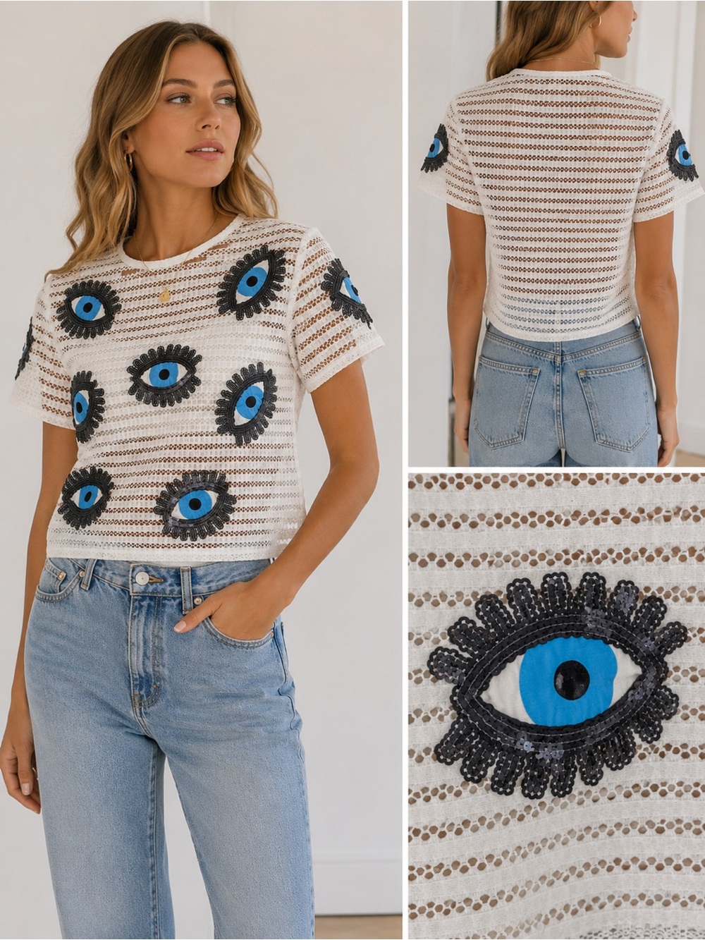 Women's White Structured Mesh Tee with Blue Eye Sequin Embroidery